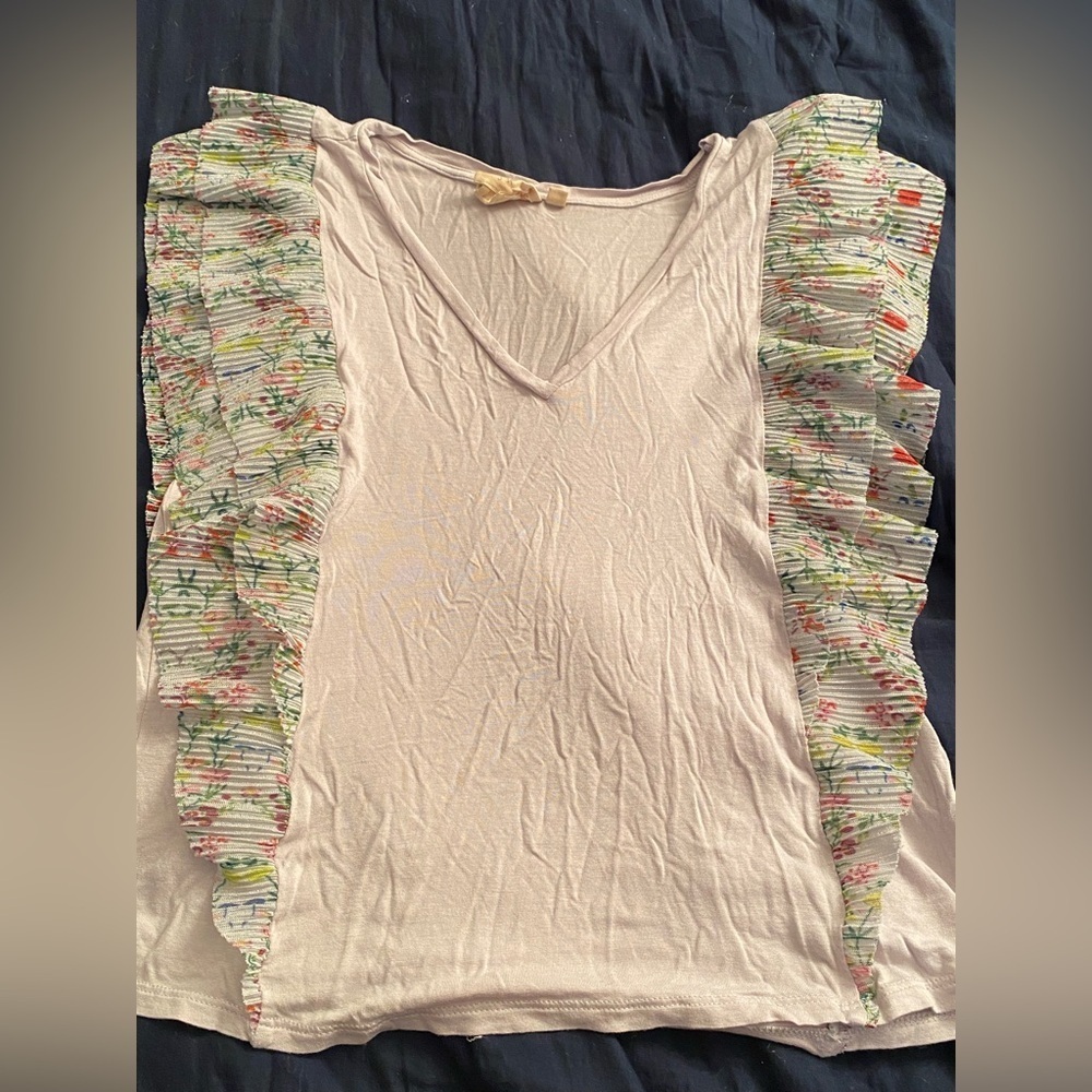 Anthropologie Vanessa Virginia Metallic Floral Flutter Trim VNeck Sleeveless Top - Picture 3 of 8